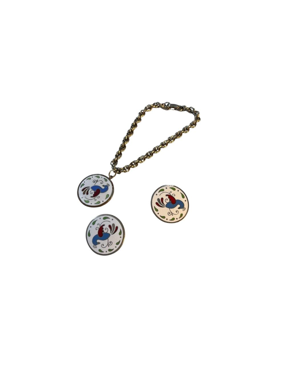 Vintage Enamel Bird Bracelet & Clip On Earrings Set Colorful Folk Art Retro